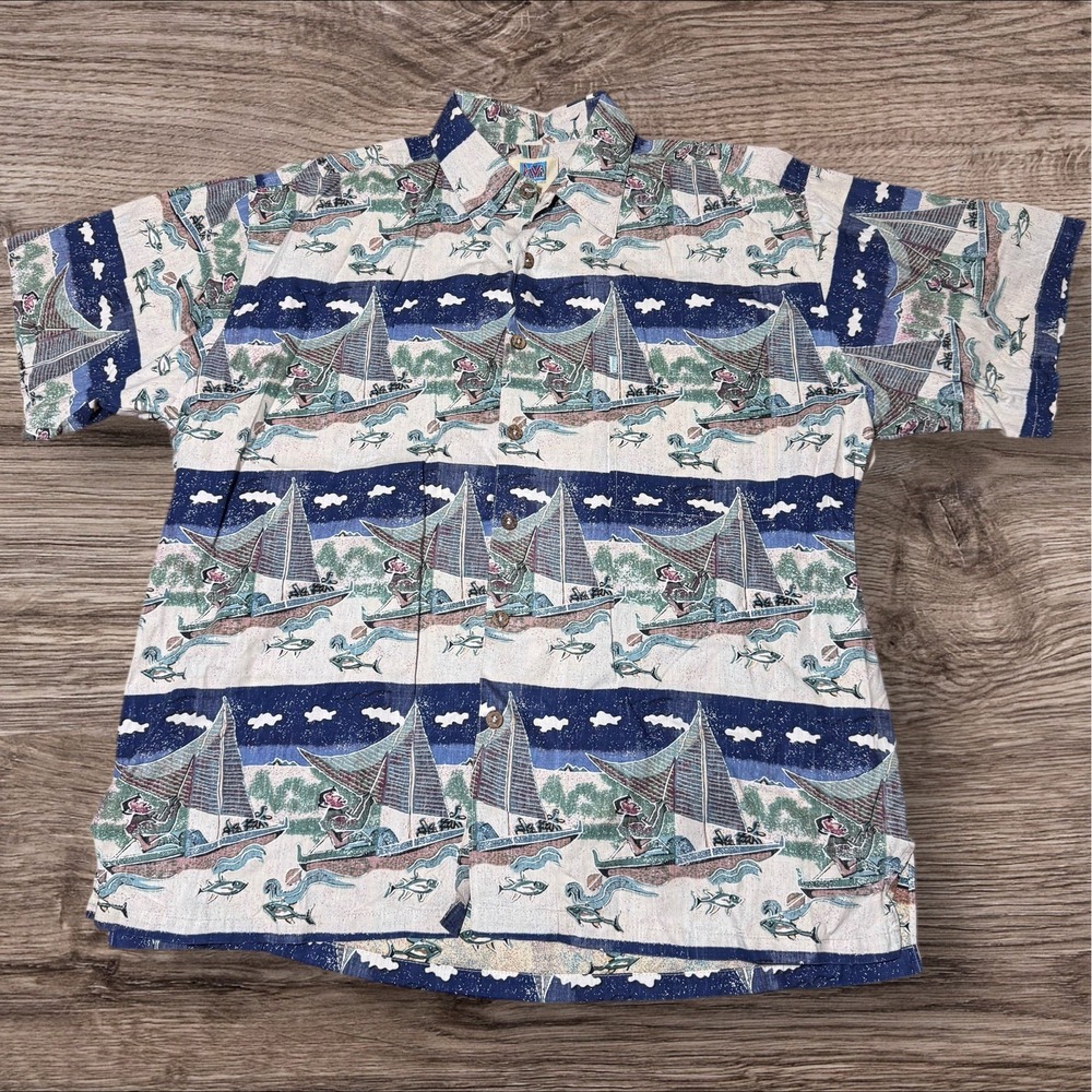 Vintage Kahala Mens  Cotton‎ Hawaiian Print Fish Graphic Short Sleeve Shirt Sz L